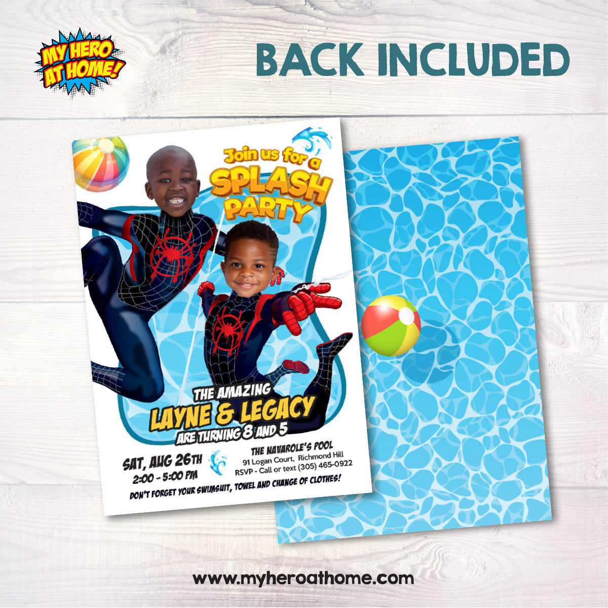 Spiderverse Siblings Splash Pad Party Invitation with children as Miles Morales. 2475D