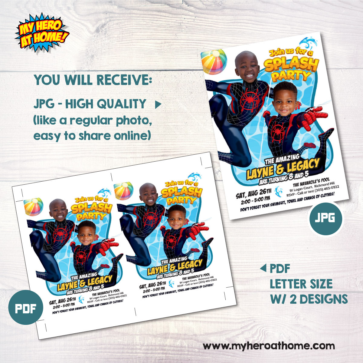 Spiderverse Siblings Splash Pad Party Invitation with children as Miles Morales. 2475D