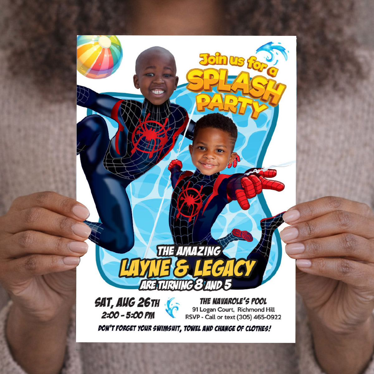 Spiderverse Siblings Splash Pad Party Invitation with children as Miles Morales. 2475D