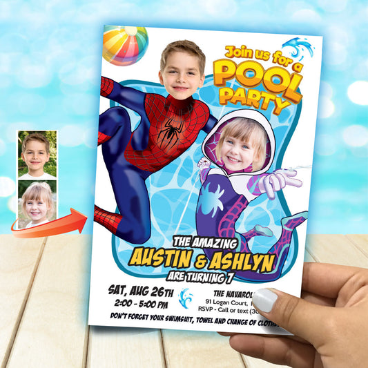 Spiderverse Splash Party Invite with girl and boy as Gwen Stacy and Spiderman. 2475E