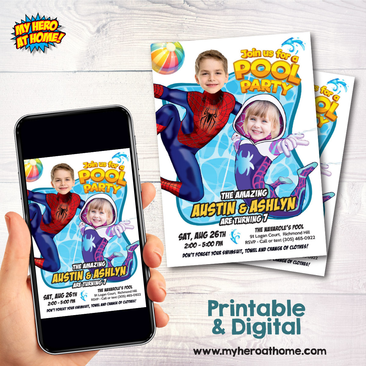 Spiderverse Splash Party Invite with girl and boy as Gwen Stacy and Spiderman. 2475E
