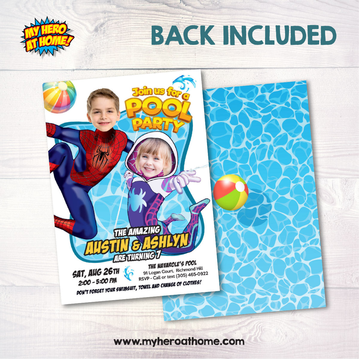 Spiderverse Splash Party Invite with girl and boy as Gwen Stacy and Spiderman. 2475E