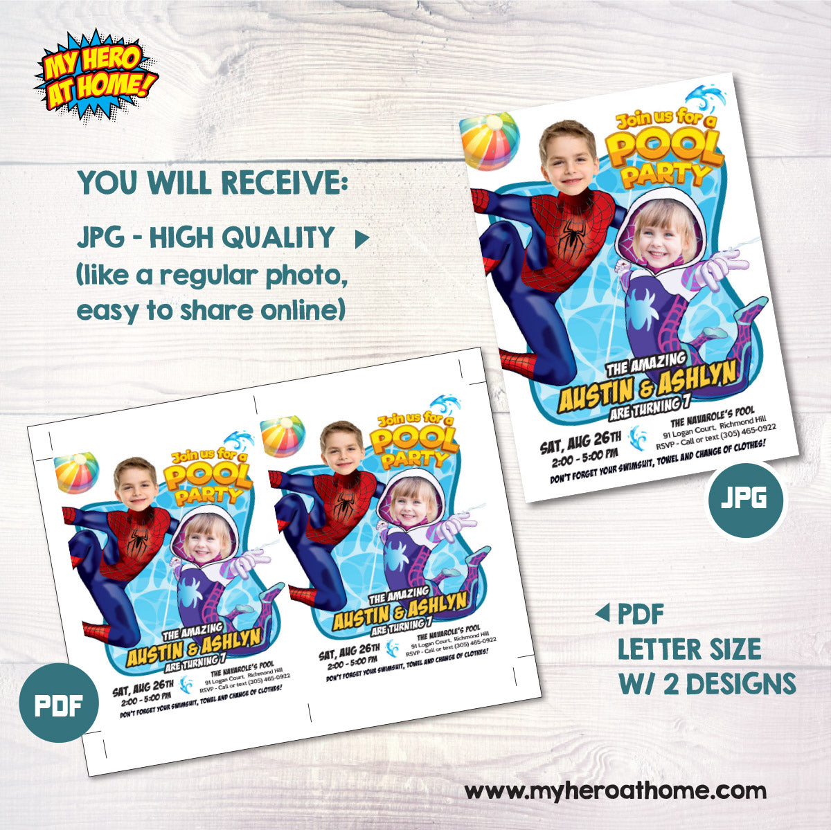 Spiderverse Splash Party Invite with girl and boy as Gwen Stacy and Spiderman. 2475E