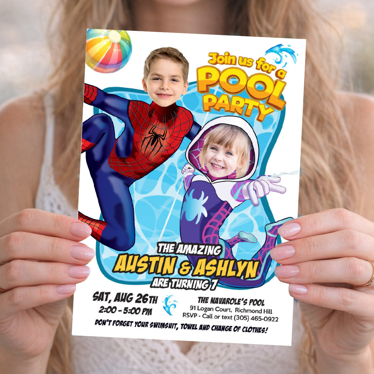 Spiderverse Splash Party Invite with girl and boy as Gwen Stacy and Spiderman. 2475E