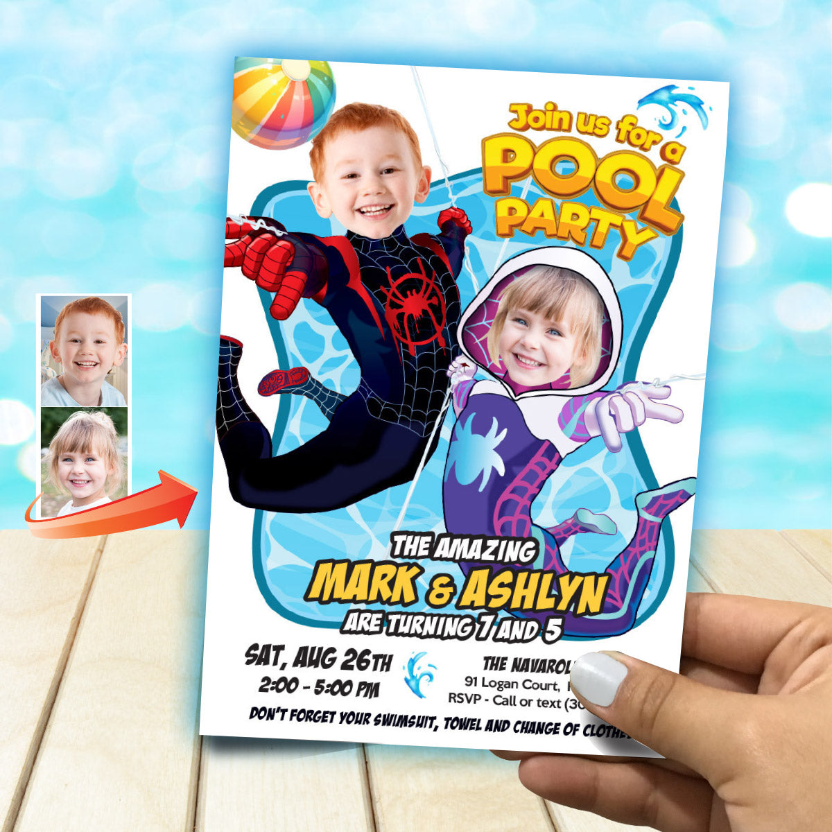 Gwen Stacy and Miles Morales Pool Party Invite with girl and boy as the stars. 2475F