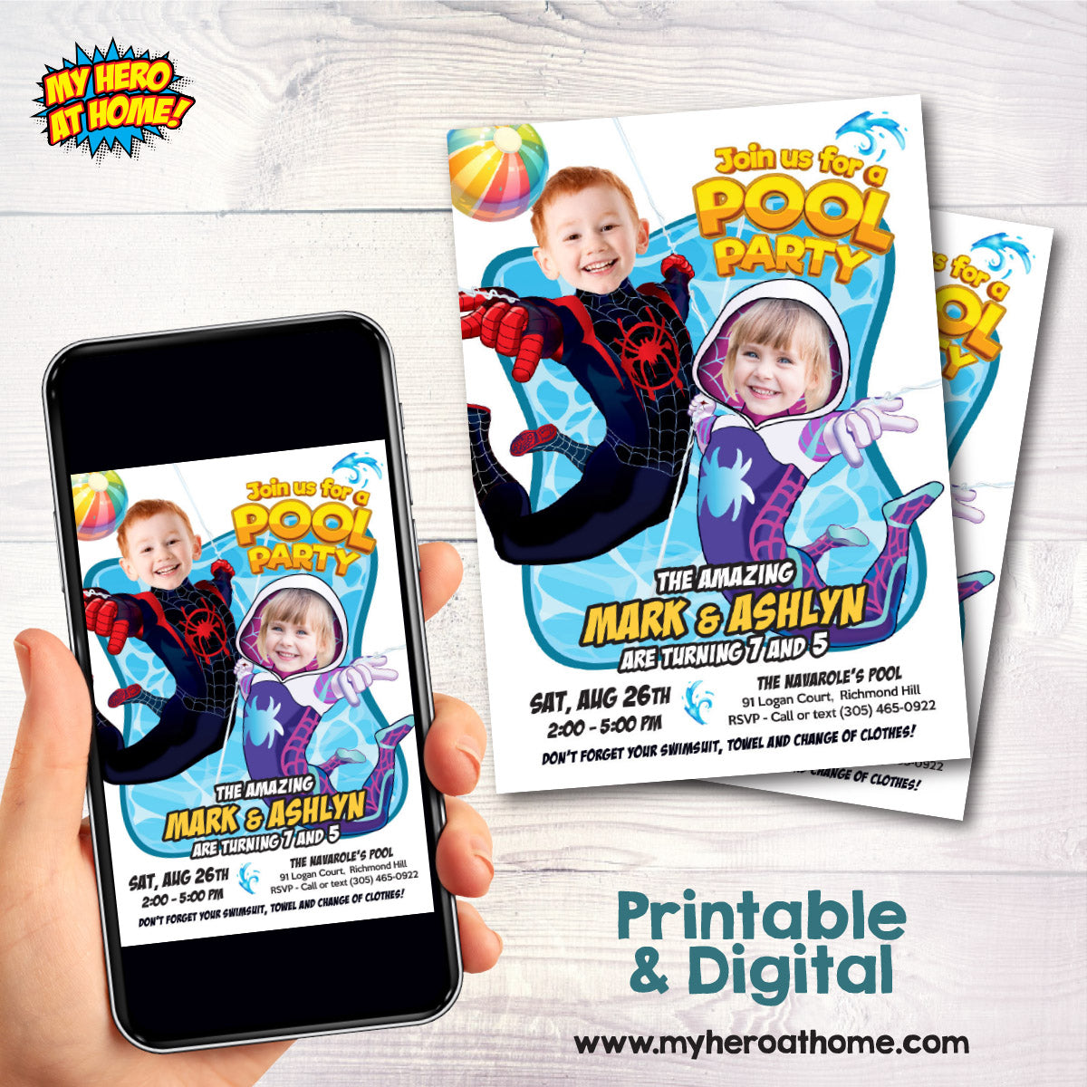 Gwen Stacy and Miles Morales Pool Party Invite with girl and boy as the stars. 2475F