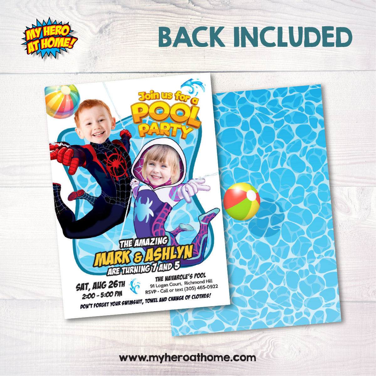 Gwen Stacy and Miles Morales Pool Party Invite with girl and boy as the stars. 2475F