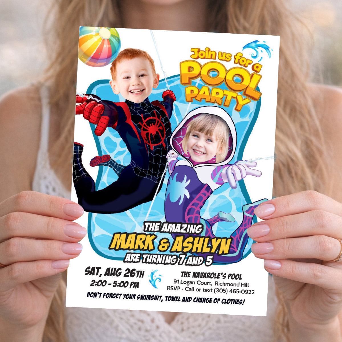 Gwen Stacy and Miles Morales Pool Party Invite with girl and boy as the stars. 2475F