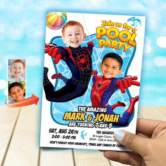 Join Us for a Spiderverse Pool Party Invitation with kids as Miles Morales and Spiderman. 2475G