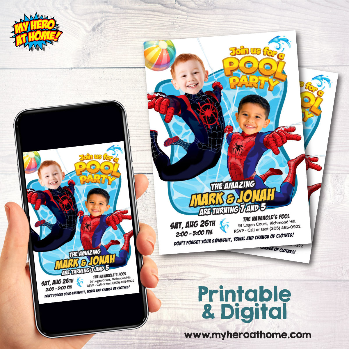 Join Us for a Spiderverse Pool Party Invitation with kids as Miles Morales and Spiderman. 2475G