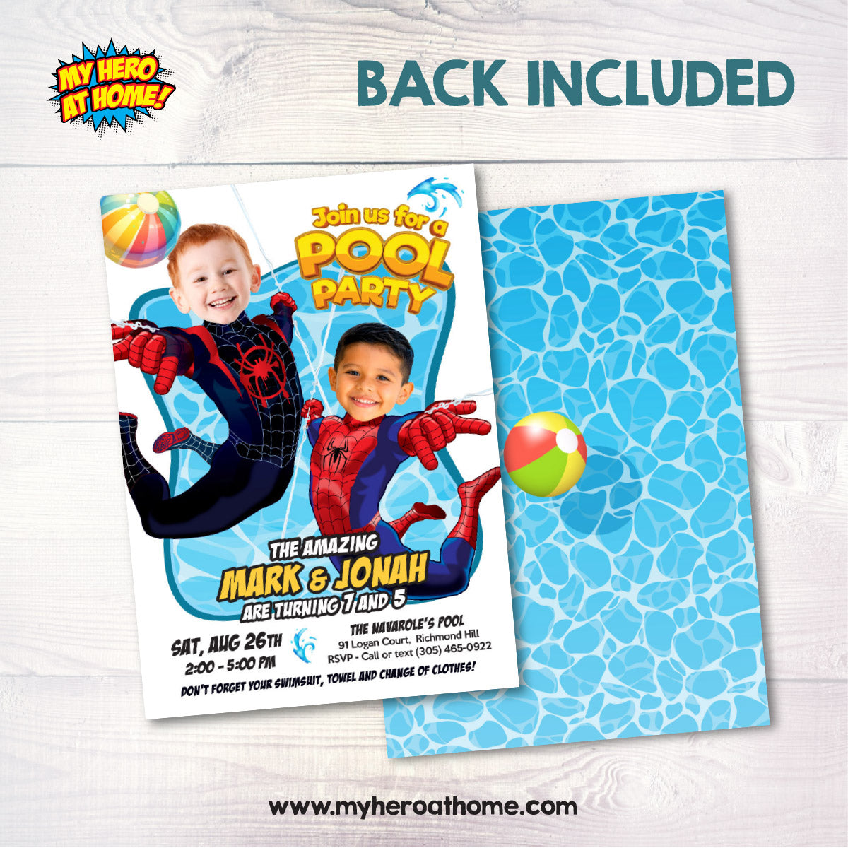 Join Us for a Spiderverse Pool Party Invitation with kids as Miles Morales and Spiderman. 2475G