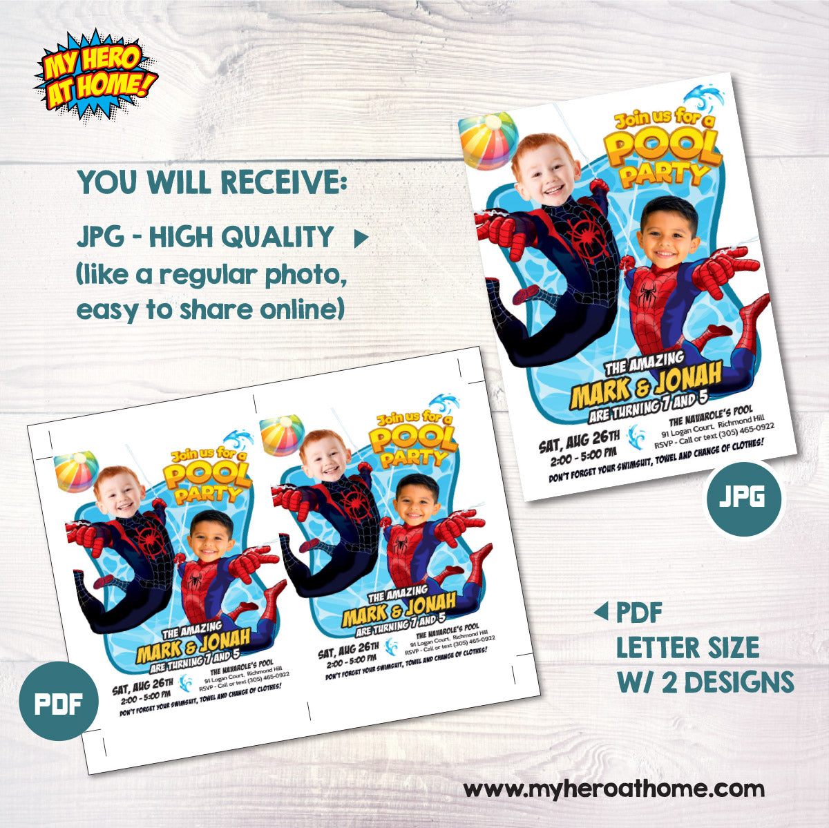 Join Us for a Spiderverse Pool Party Invitation with kids as Miles Morales and Spiderman. 2475G