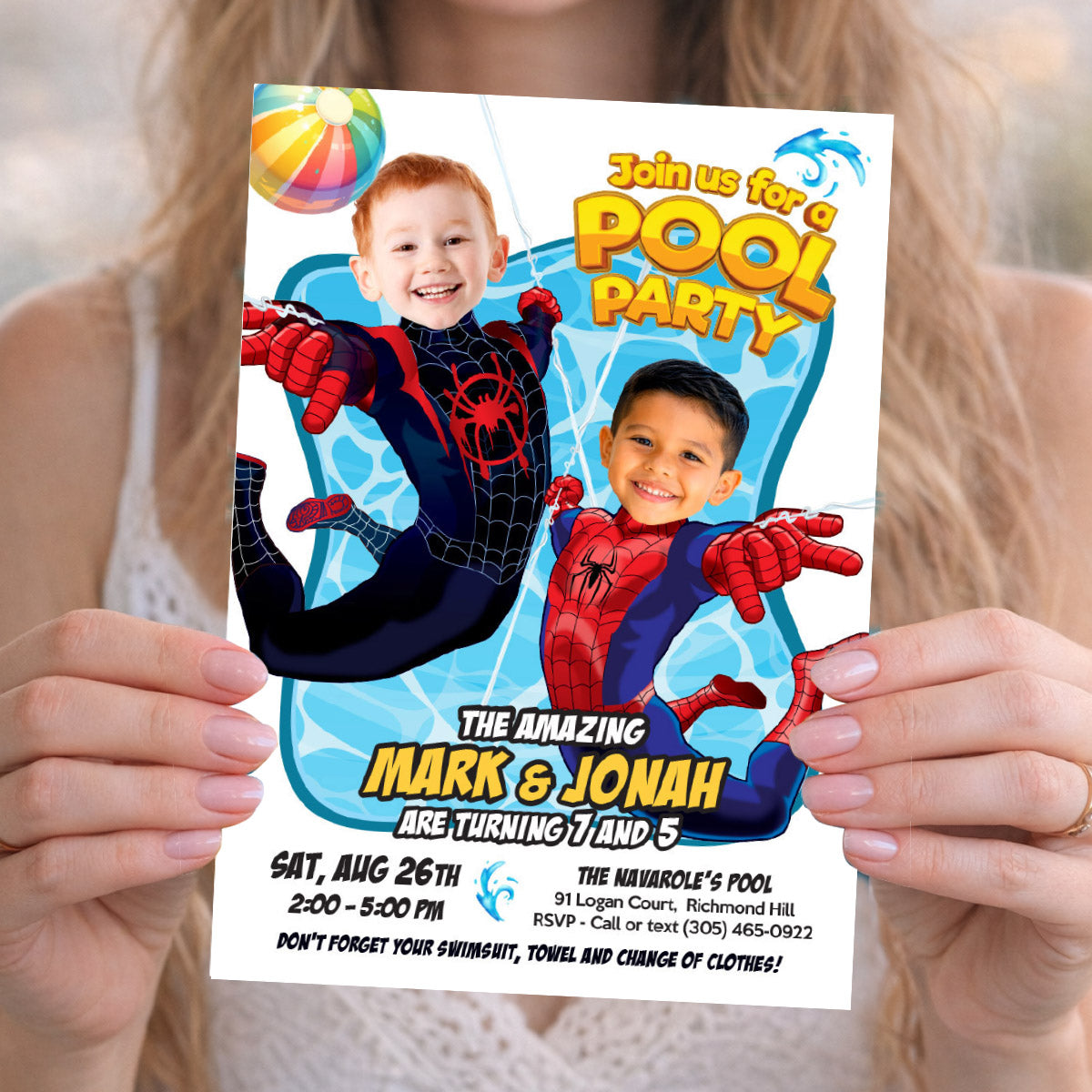 Join Us for a Spiderverse Pool Party Invitation with kids as Miles Morales and Spiderman. 2475G