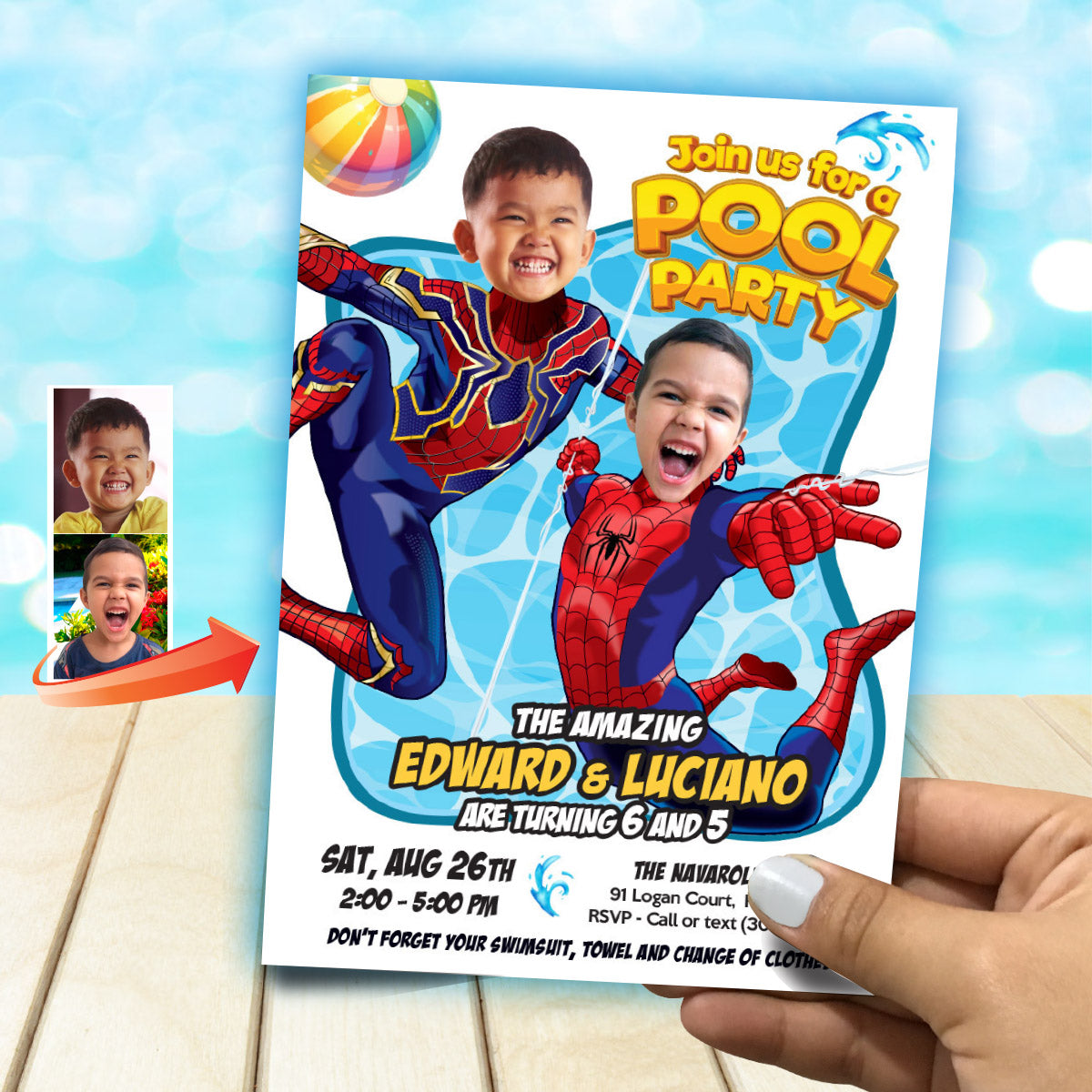 Custom Spiderman Siblings Pool Party Invitation with kids as the Stars. 2475