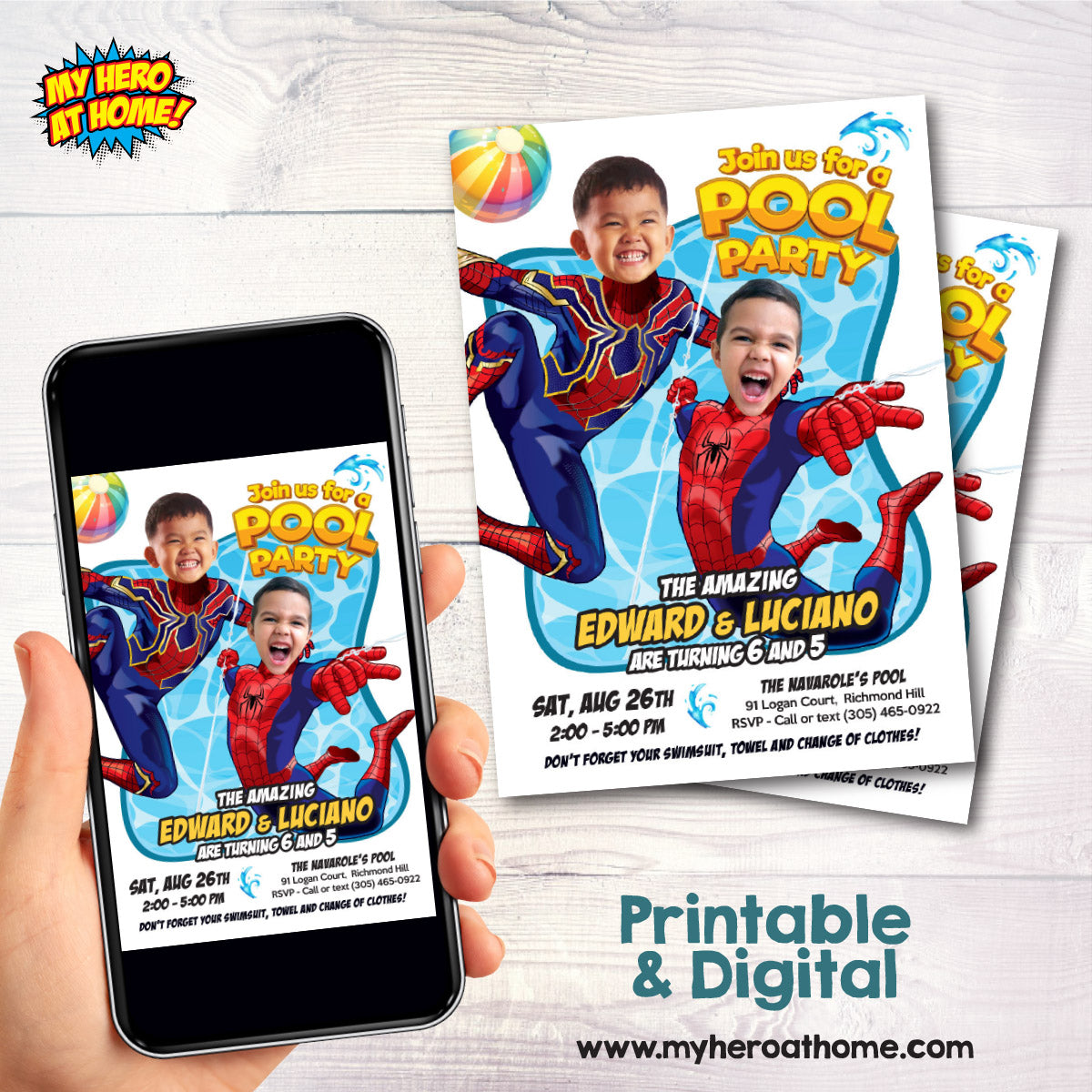 Custom Spiderman Siblings Pool Party Invitation with kids as the Stars. 2475