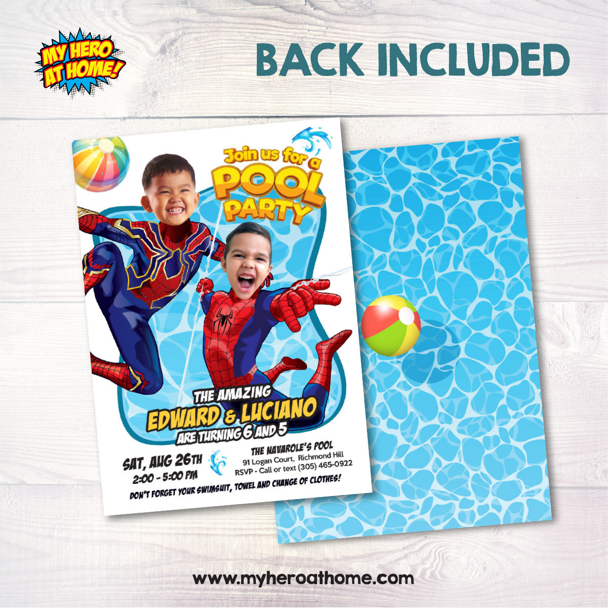 Custom Spiderman Siblings Pool Party Invitation with kids as the Stars. 2475