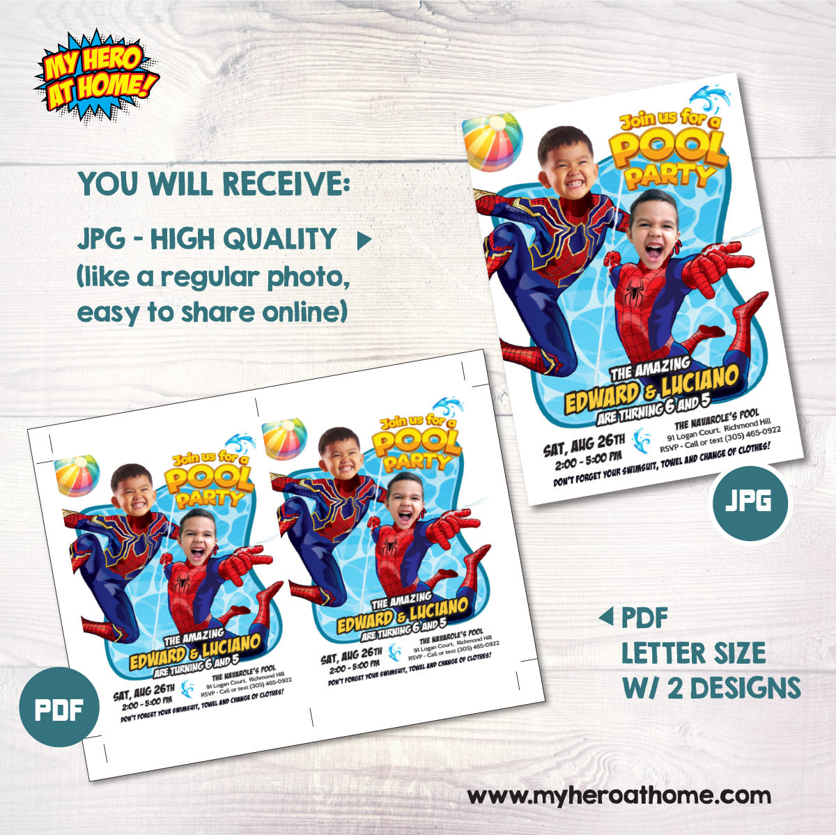 Custom Spiderman Siblings Pool Party Invitation with kids as the Stars. 2475