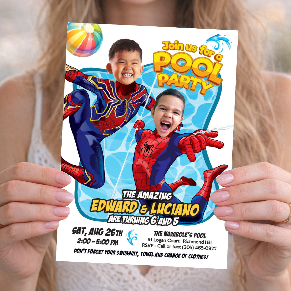 Custom Spiderman Siblings Pool Party Invitation with kids as the Stars. 2475