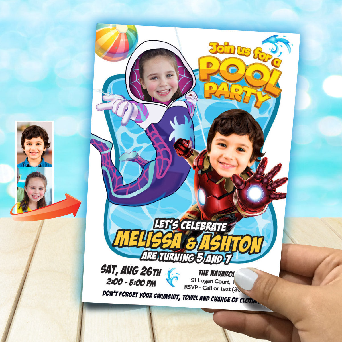 Boy and Girl Splash Pad Party Invitation with kids as Gwen Stacy and Ironman. 2476B