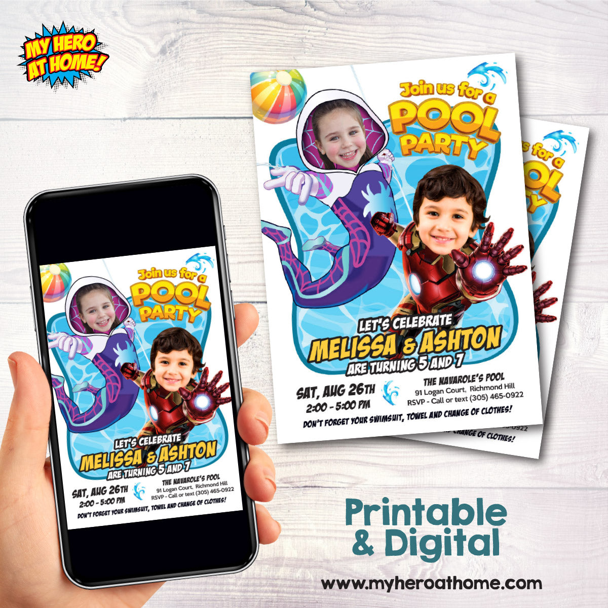 Boy and Girl Splash Pad Party Invitation with kids as Gwen Stacy and Ironman. 2476B