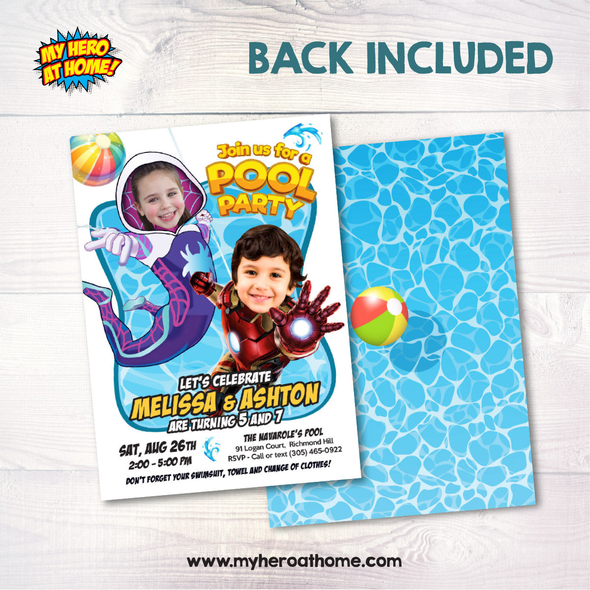 Boy and Girl Splash Pad Party Invitation with kids as Gwen Stacy and Ironman. 2476B