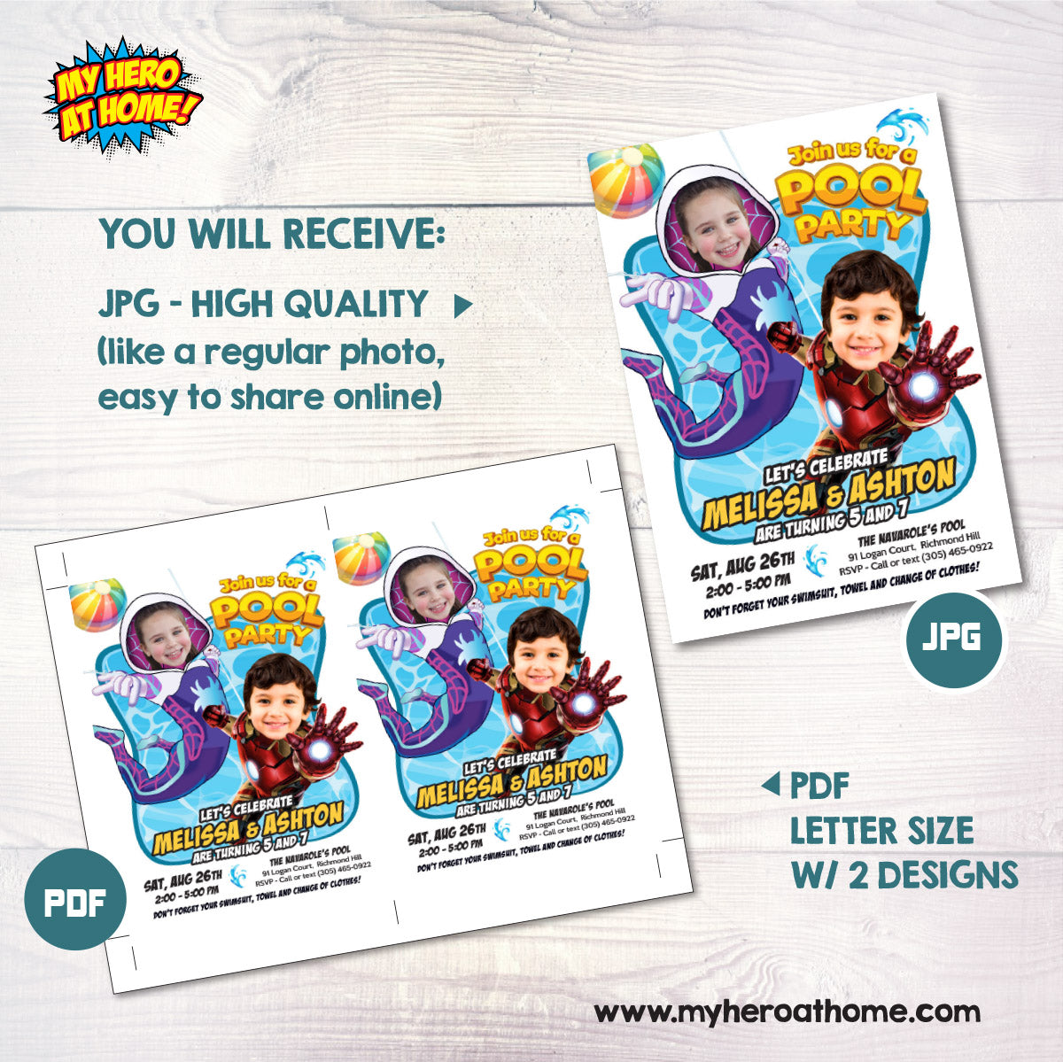Boy and Girl Splash Pad Party Invitation with kids as Gwen Stacy and Ironman. 2476B