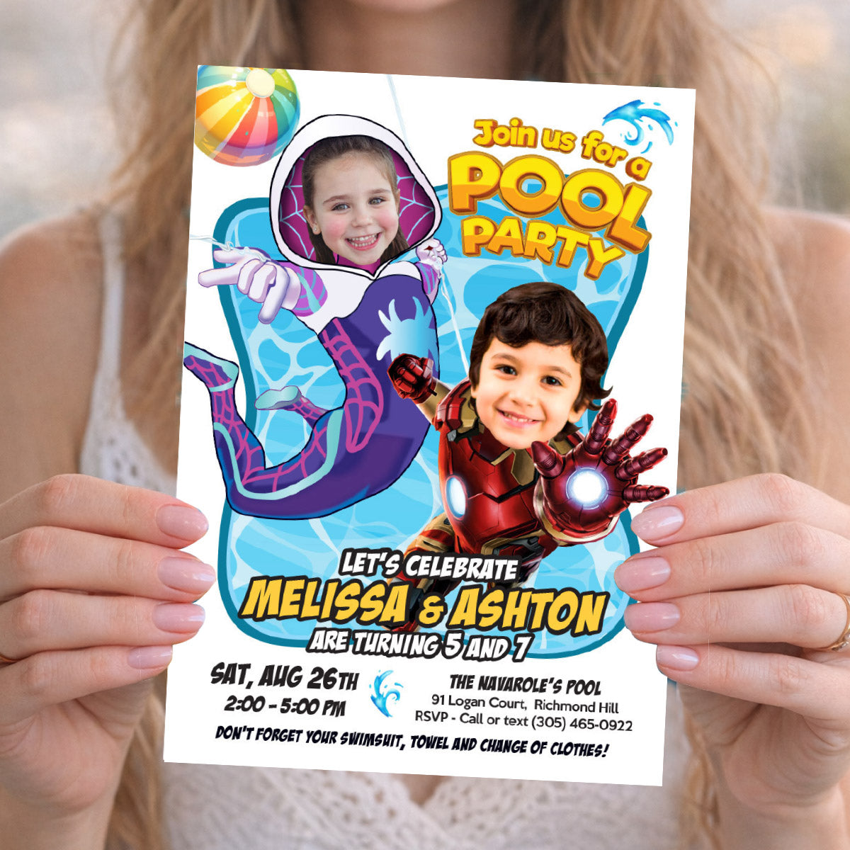 Boy and Girl Splash Pad Party Invitation with kids as Gwen Stacy and Ironman. 2476B