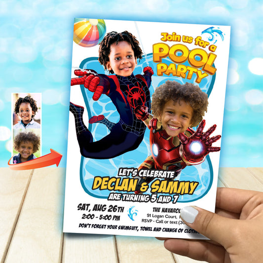 Two Boys Pool Party Invitation with kids as Miles Morales and Ironman. 2476C