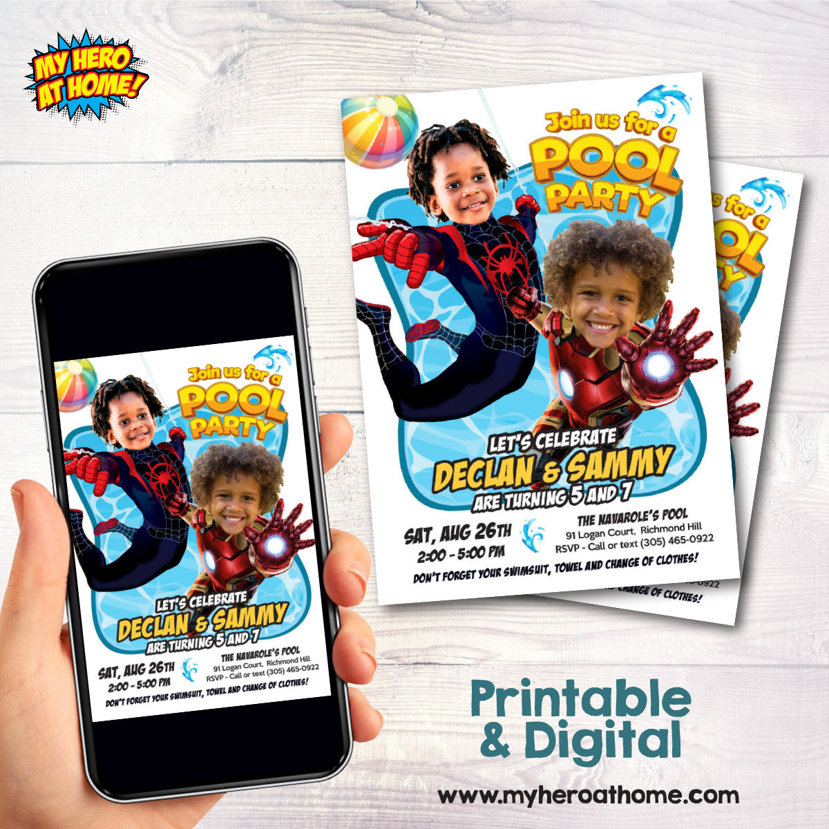 Two Boys Pool Party Invitation with kids as Miles Morales and Ironman. 2476C