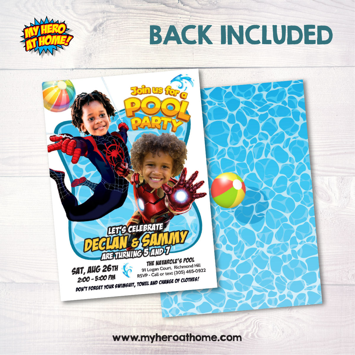 Two Boys Pool Party Invitation with kids as Miles Morales and Ironman. 2476C