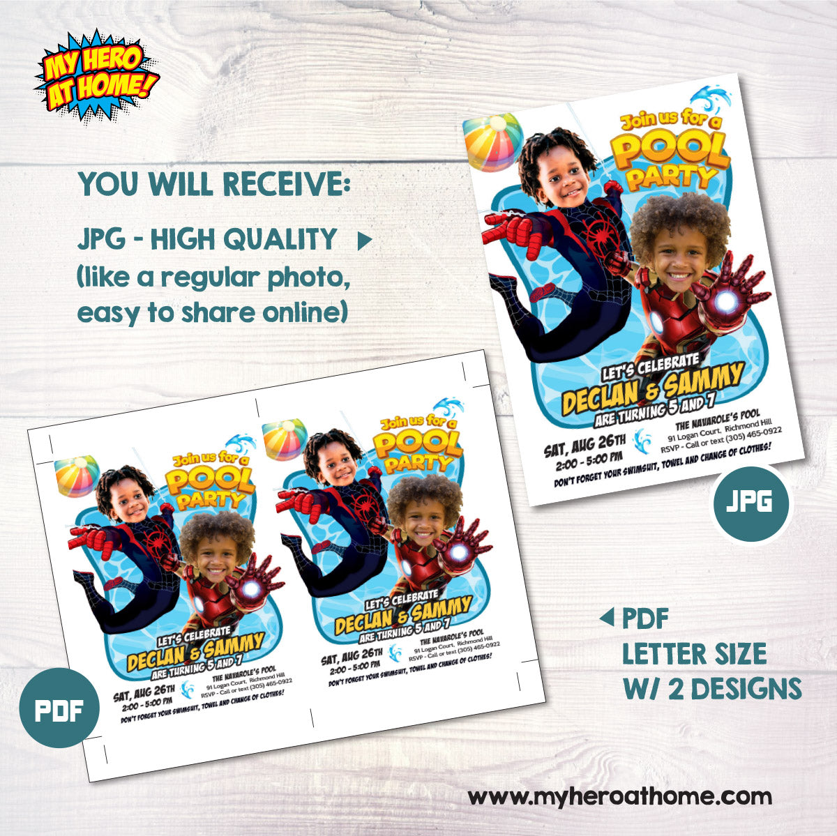 Two Boys Pool Party Invitation with kids as Miles Morales and Ironman. 2476C