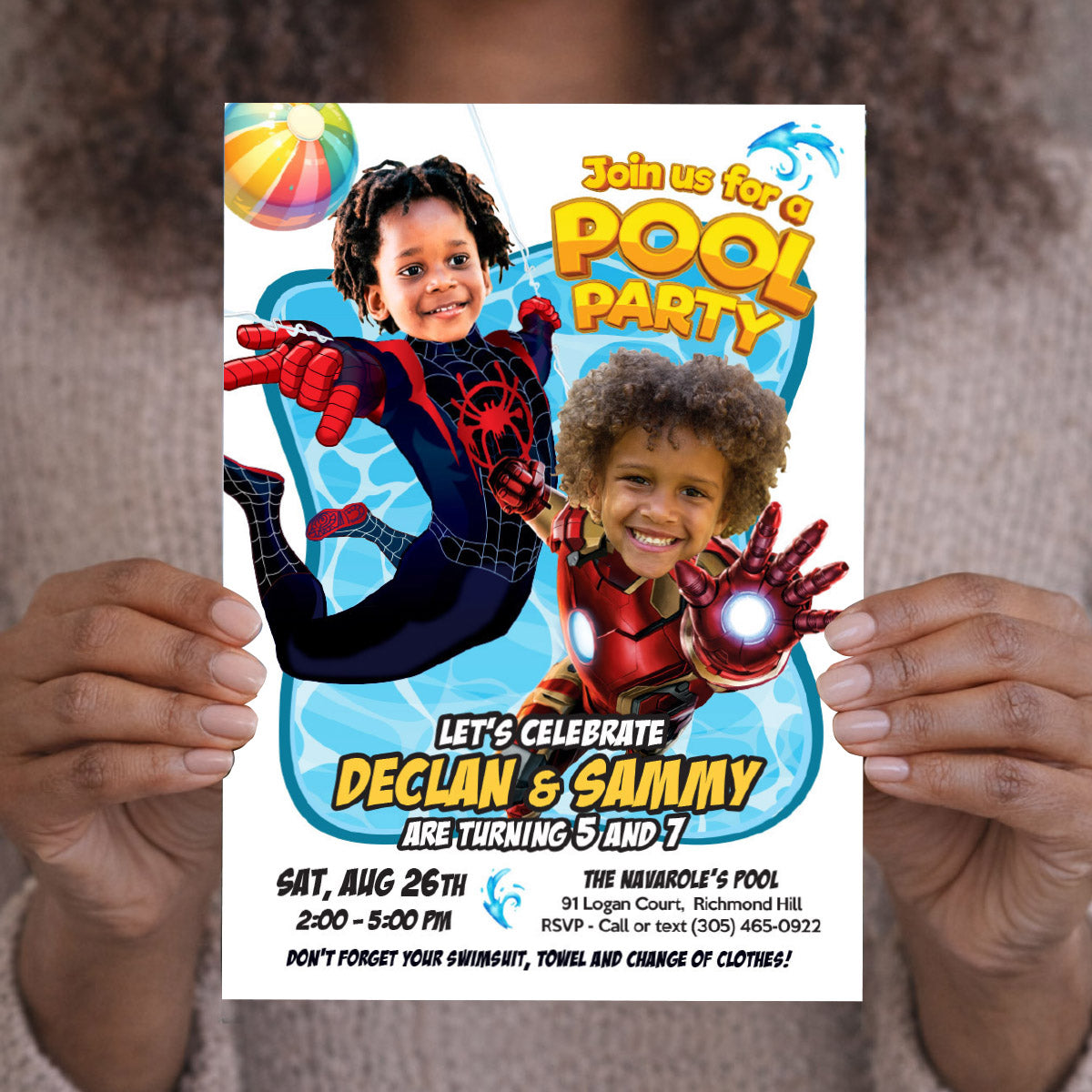 Two Boys Pool Party Invitation with kids as Miles Morales and Ironman. 2476C