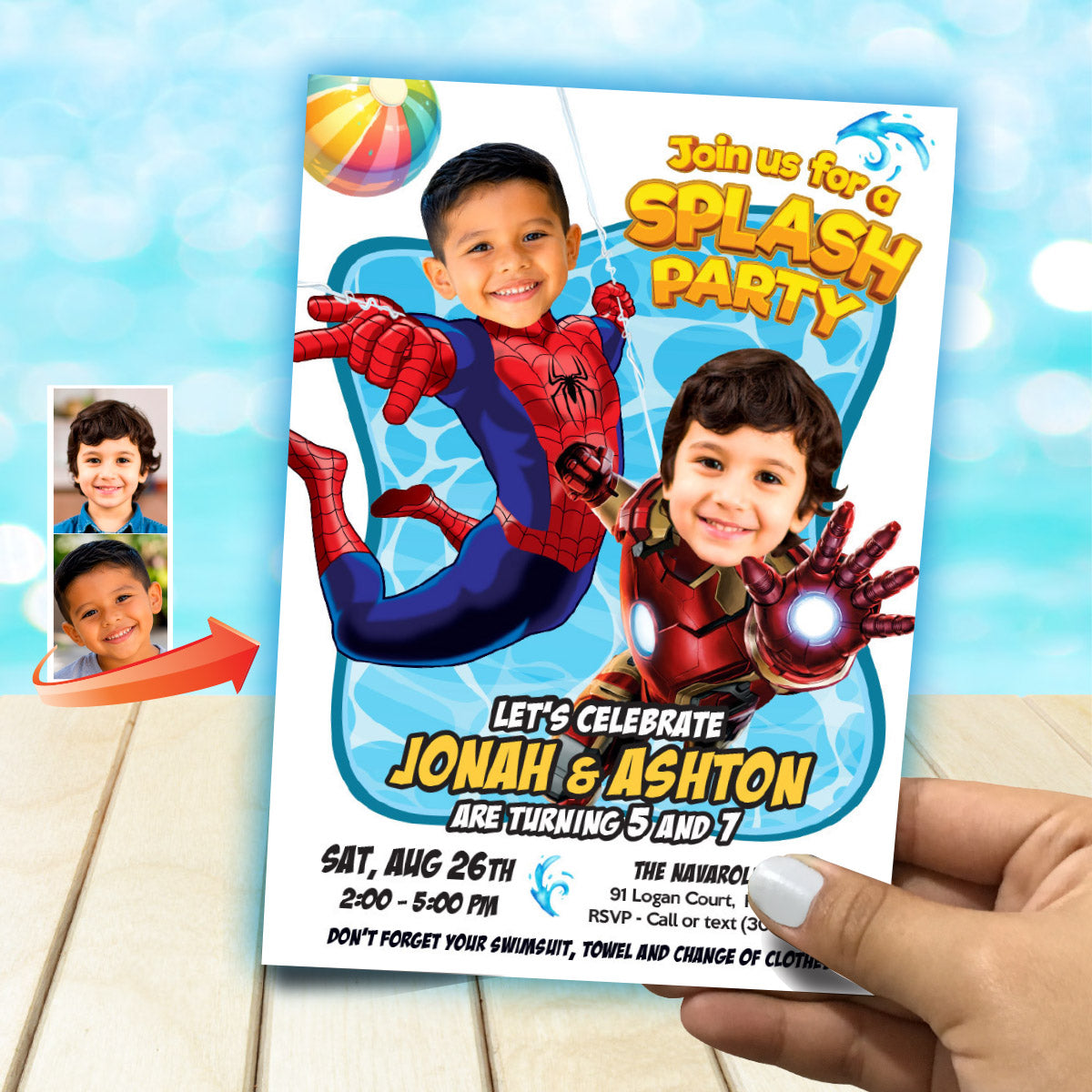 Avengers Siblings Splash Pad Party Invitation with kids as Spiderman and Ironman. 2476