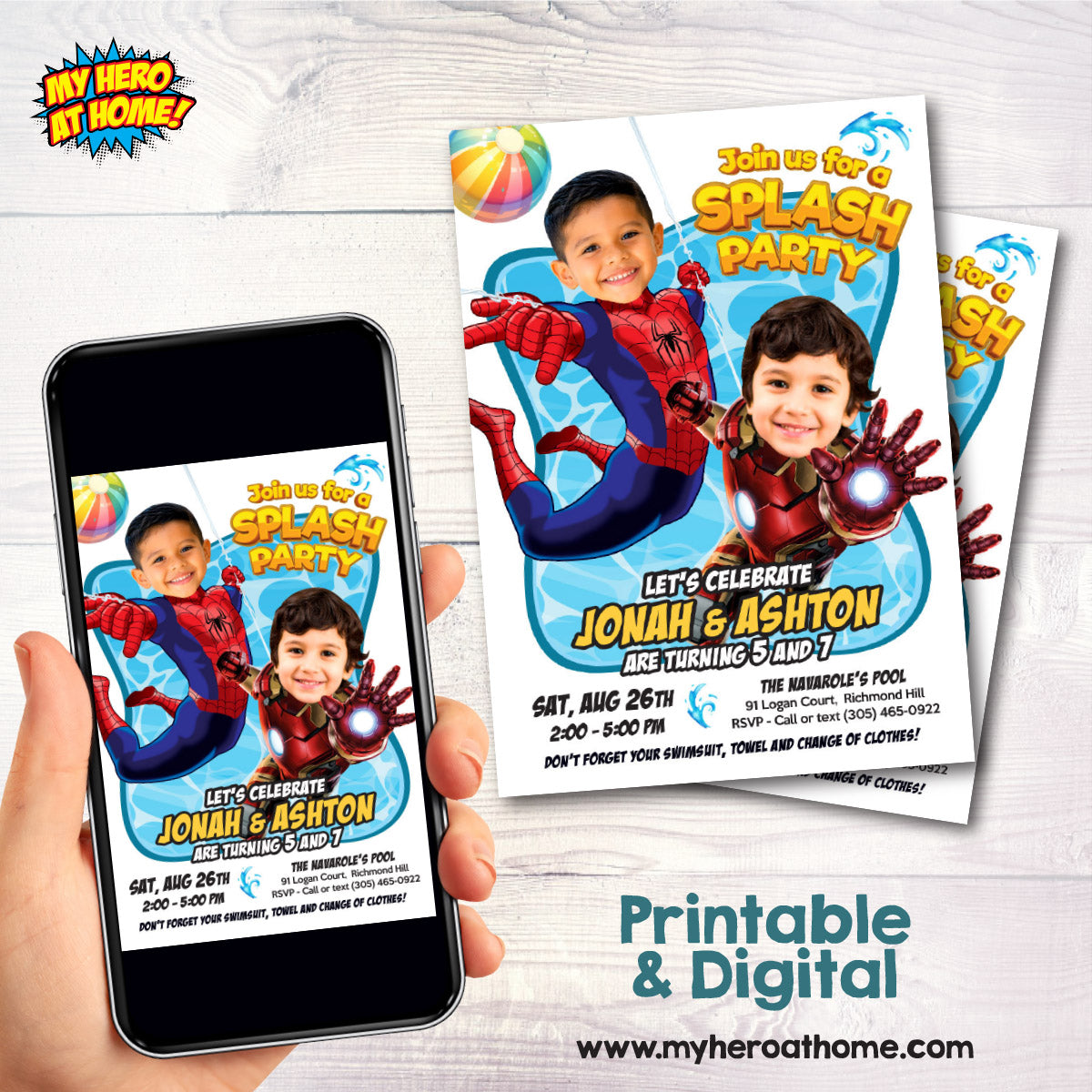 Avengers Siblings Splash Pad Party Invitation with kids as Spiderman and Ironman. 2476