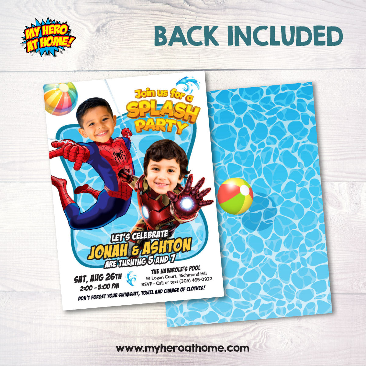 Avengers Siblings Splash Pad Party Invitation with kids as Spiderman and Ironman. 2476