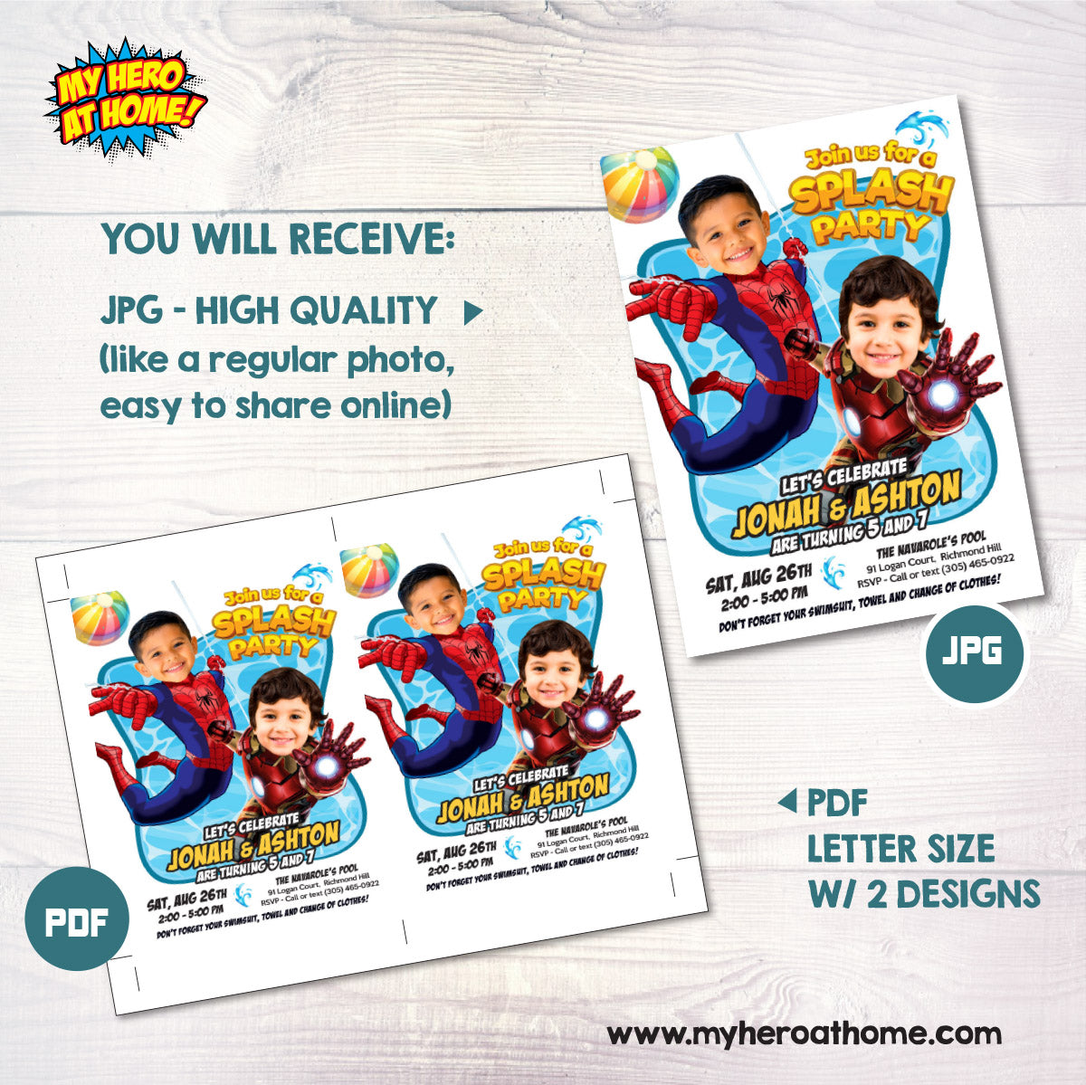 Avengers Siblings Splash Pad Party Invitation with kids as Spiderman and Ironman. 2476