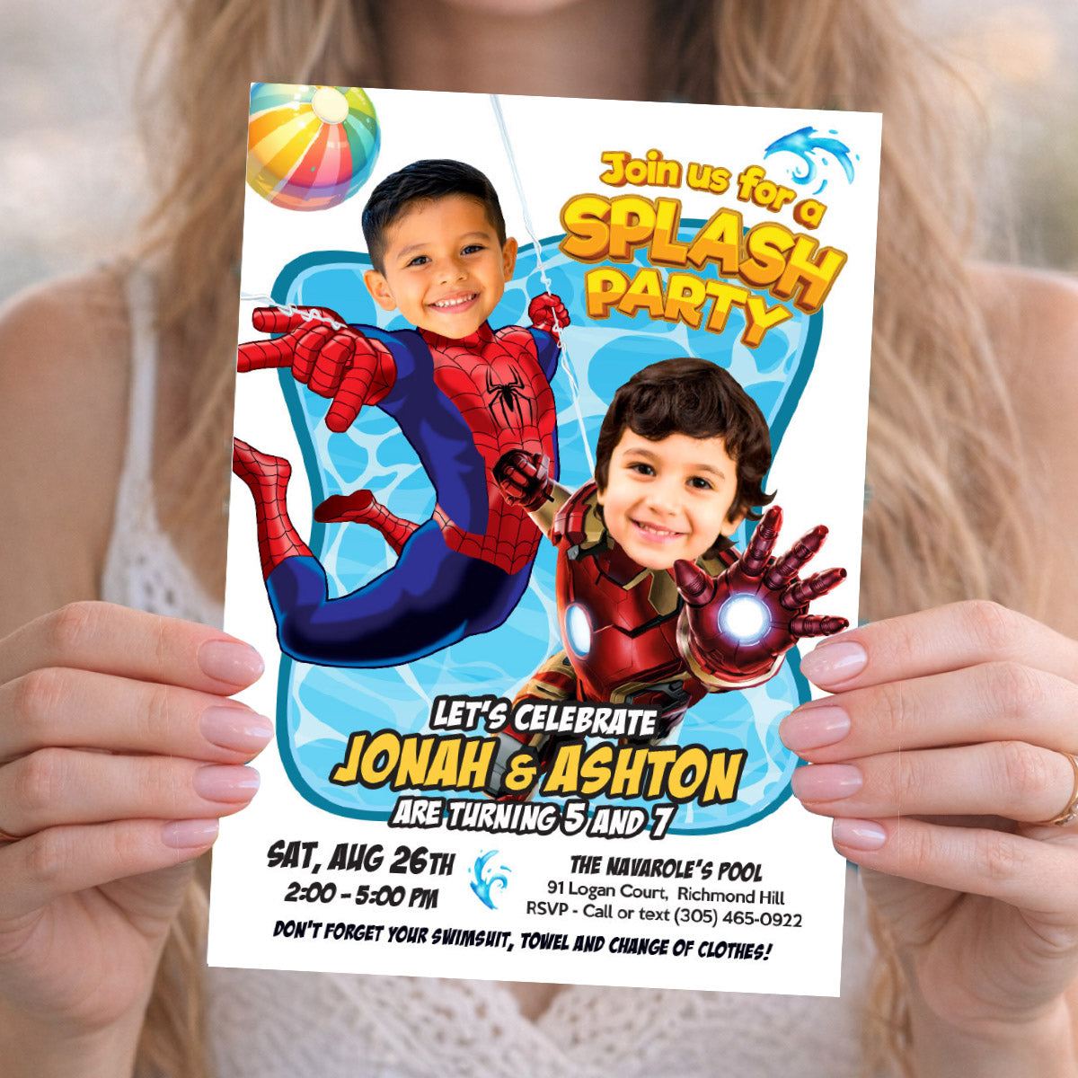 Avengers Siblings Splash Pad Party Invitation with kids as Spiderman and Ironman. 2476