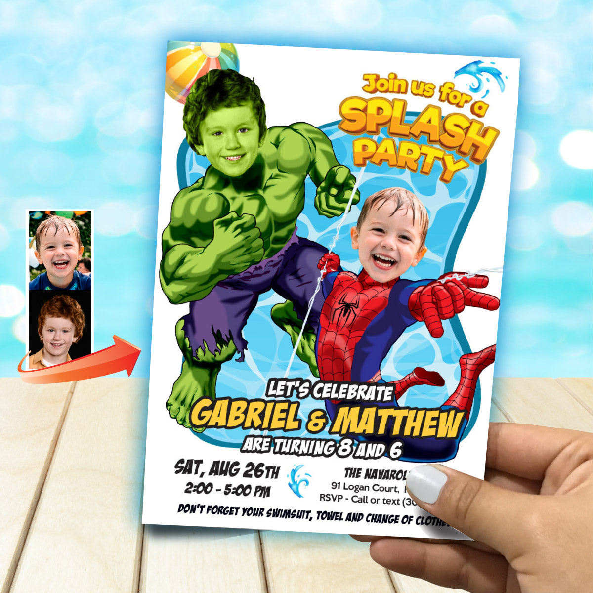 Two Kids Pool Splash Party Invitation with kids as Spiderman and Hulk. 2477B