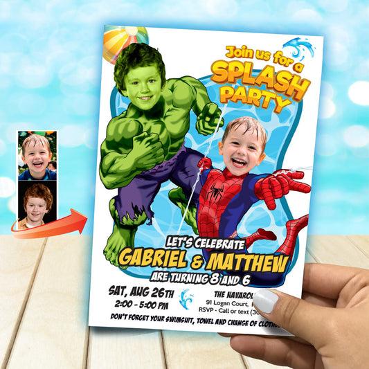 Two Kids Pool Splash Party Invitation with kids as Spiderman and Hulk. 2477B