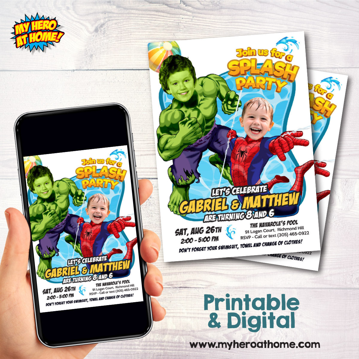 Two Kids Pool Splash Party Invitation with kids as Spiderman and Hulk. 2477B