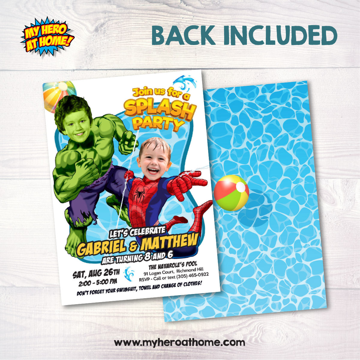 Two Kids Pool Splash Party Invitation with kids as Spiderman and Hulk. 2477B