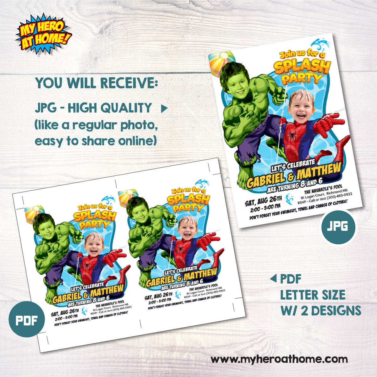 Two Kids Pool Splash Party Invitation with kids as Spiderman and Hulk. 2477B