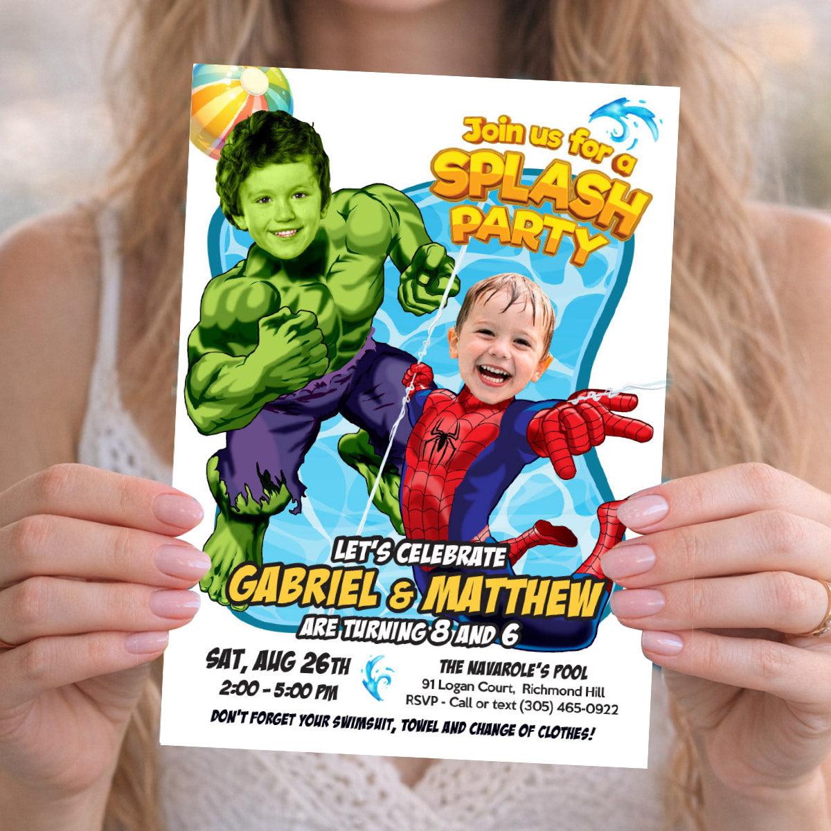 Two Kids Pool Splash Party Invitation with kids as Spiderman and Hulk. 2477B