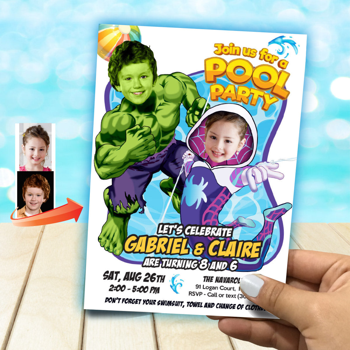 Two Kids Boy and Girl Pool Splash Party Invitation with kids as Gwen Stacy and Hulk. 2477C