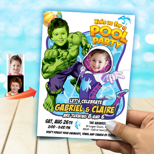 Two Kids Boy and Girl Pool Splash Party Invitation with kids as Gwen Stacy and Hulk. 2477C
