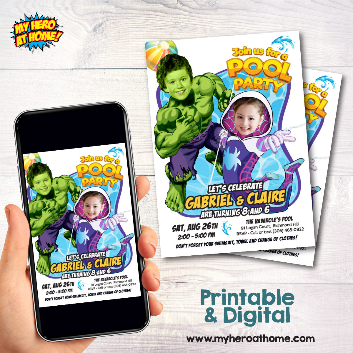 Two Kids Boy and Girl Pool Splash Party Invitation with kids as Gwen Stacy and Hulk. 2477C