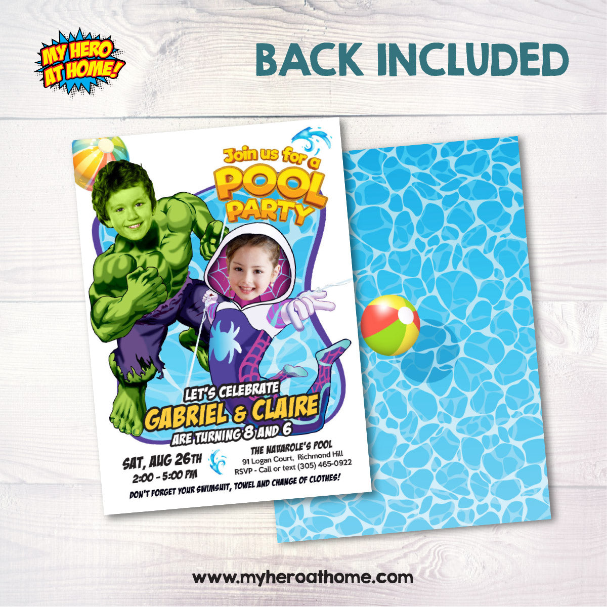 Two Kids Boy and Girl Pool Splash Party Invitation with kids as Gwen Stacy and Hulk. 2477C