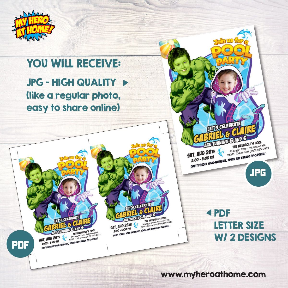 Two Kids Boy and Girl Pool Splash Party Invitation with kids as Gwen Stacy and Hulk. 2477C