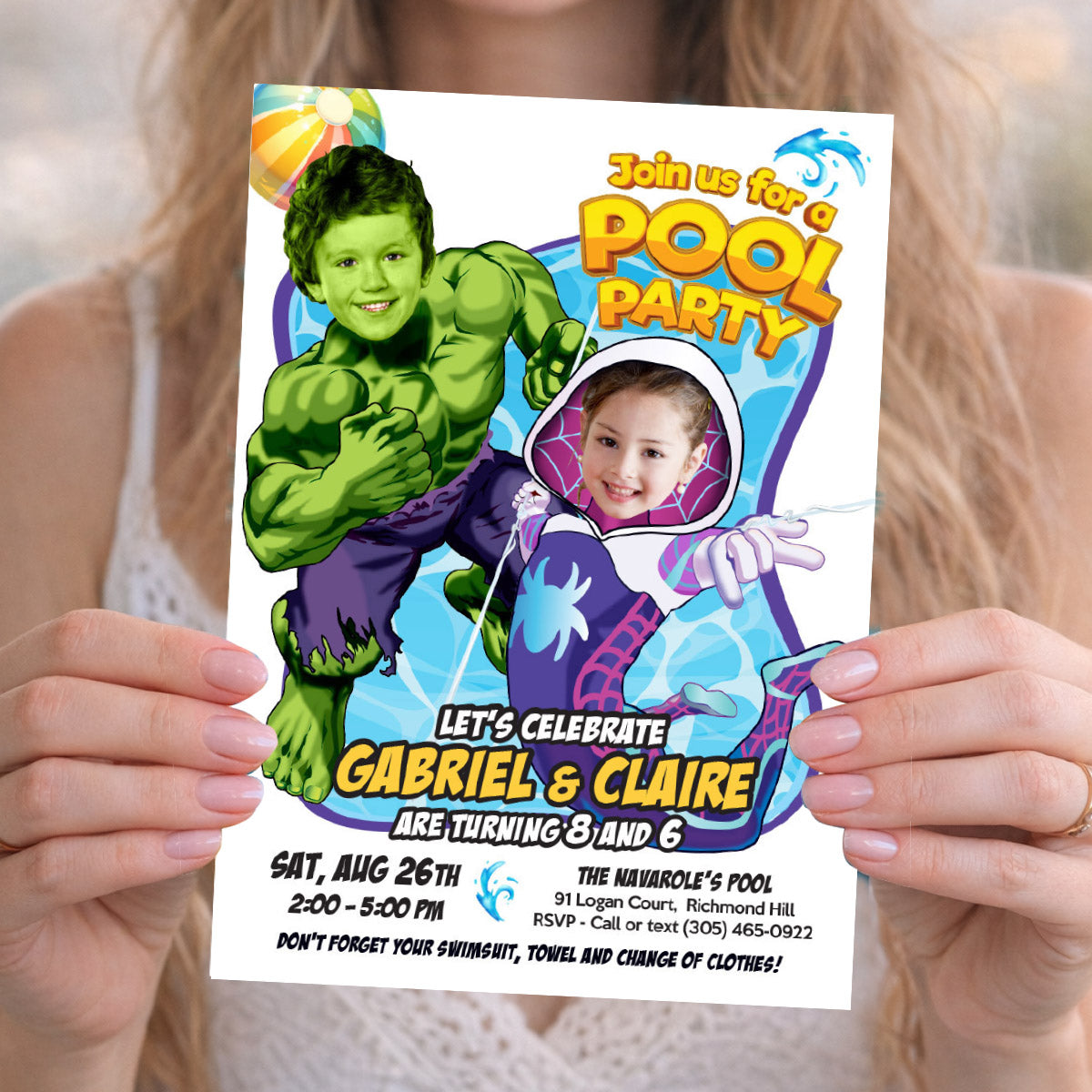 Two Kids Boy and Girl Pool Splash Party Invitation with kids as Gwen Stacy and Hulk. 2477C