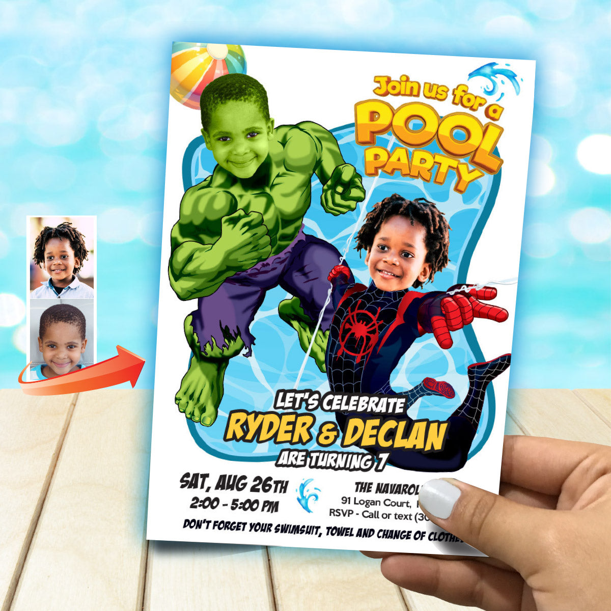 Two Kids Pool Party Invitation with kids as Miles Morales and Hulk. 2477